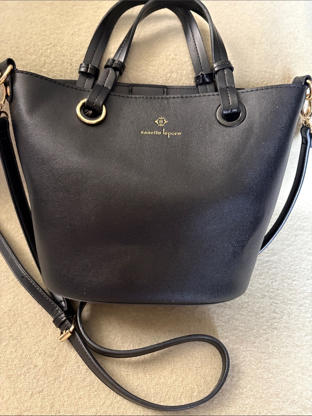 Nanette Lepore Black Leather Tote Shoulder Bag with Gold Hardware
